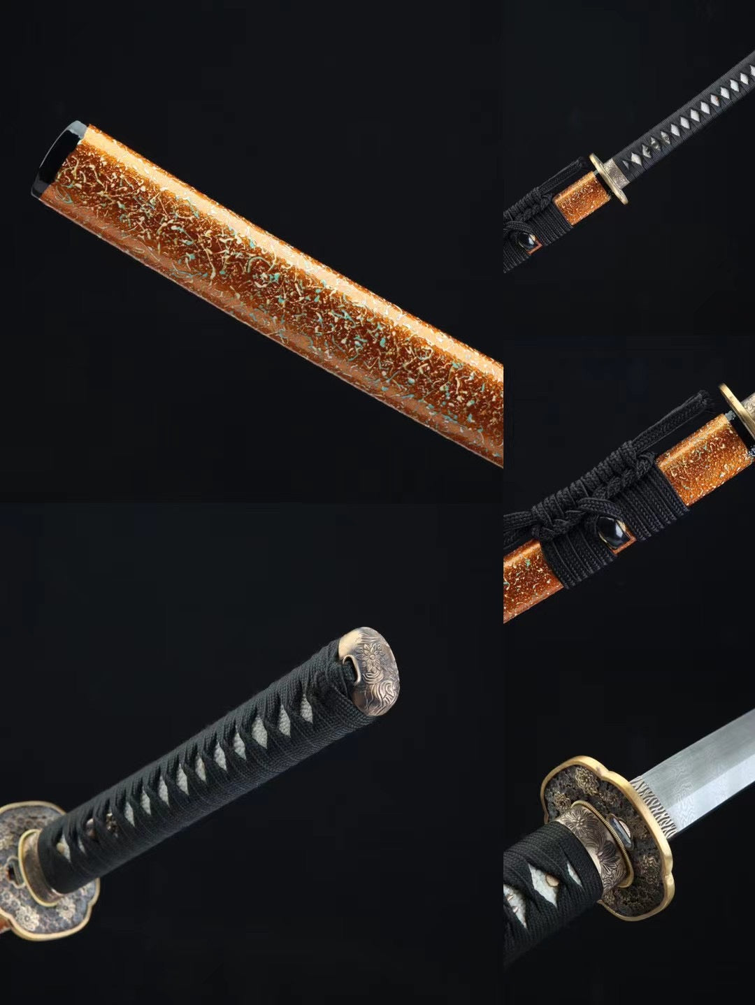 Damascus Steel Flower Tsuba Katana Sword,Real Handmade Japanese Samurai Sword Full Tang