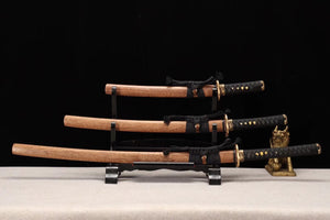 Rosewood Katana Set, Katana, Wakizashi, and Tanto Sword,Japanese Samurai Sword,Real Katana,Handmade sword,high-performance folded patterned steel with hamon