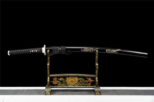 Black Sword Dragon Tiger Katana Sword,Real Handmade Japanese Samurai Sword, T10 High Carbon Steel Clay Tempered With Hamon Golden Blade
