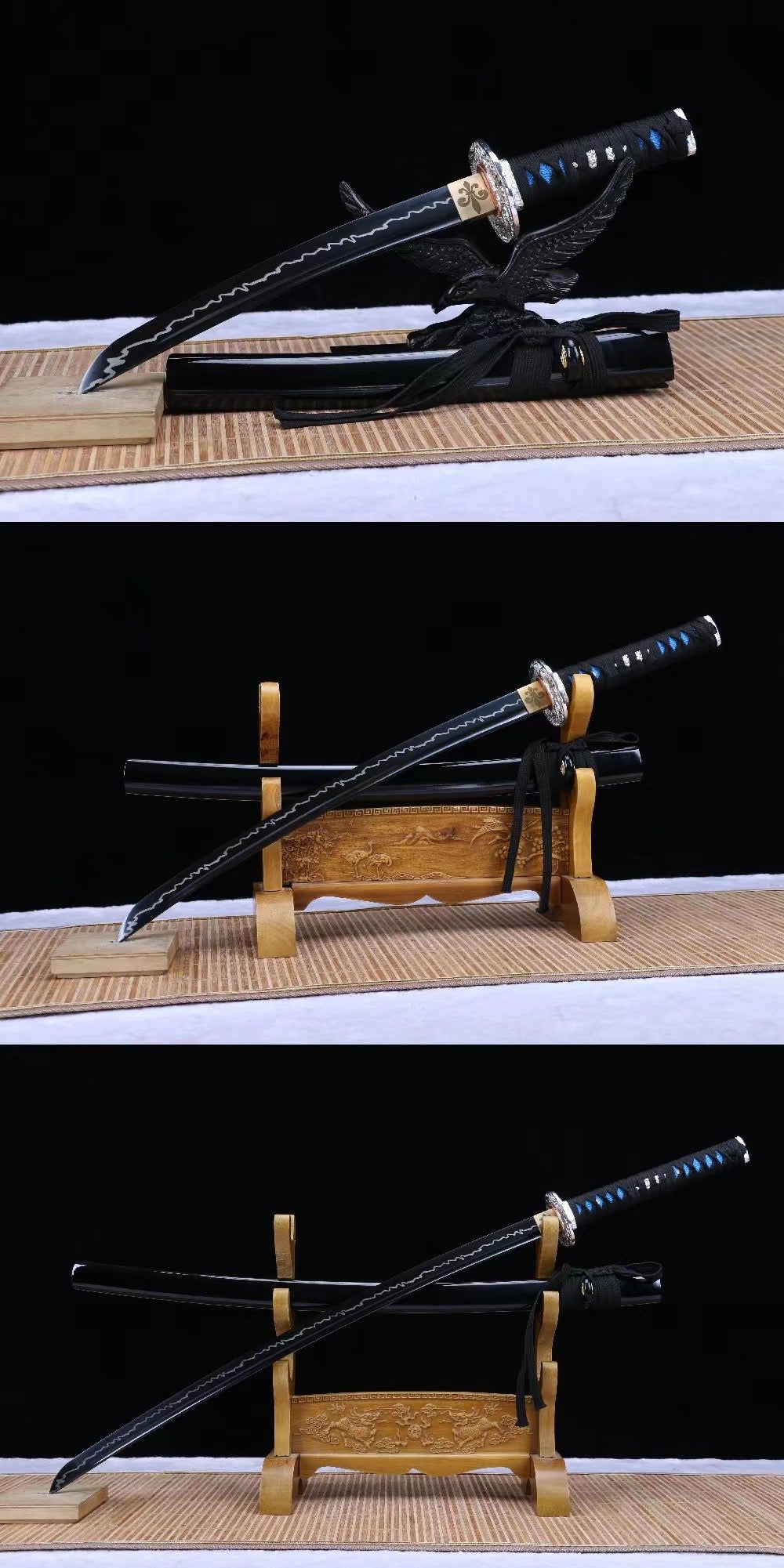 Night Katana Set, Katana, Wakizashi, and Tanto Sword,Japanese Samurai Sword,Real Katana,Handmade sword,High manganese steel