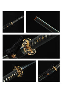 Folding Pattern Steel Clay Tempered With Hamon Golden Flower Katana Sword,Real Handmade Japanese Samurai Sword Full Tang