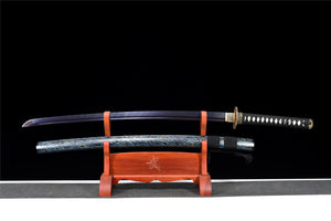 Blue Devils Katana, japanisches Samurai-Schwert, echtes handgefertigtes Katana, geröstete Klinge mit blauem Muster, Hochleistungs-Musterstahl