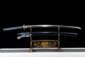 T10 High Carbon Steel Ton gehärtet mit Hamon 皆烧-Klinge Handgefertigtes blaues Katana-Schwert Echtes japanisches Samurai-Schwert Full Tang