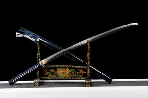 T10 High Carbon Steel Ton gehärtet mit Hamon 皆烧-Klinge Handgefertigtes blaues Katana-Schwert Echtes japanisches Samurai-Schwert Full Tang