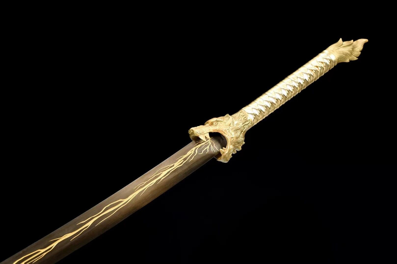 Goldenes Flammenwolf-Schwert, Kunsthandwerk, chinesischer Säbel, echtes Schwert, handgefertigtes chinesisches Schwert, Hochmanganstahl, Longquan-Schwert