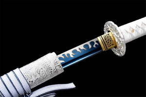Silver Dragon Katana, japanisches Samurai-Schwert, echtes Katana, handgefertigtes Schwert, Hochmanganstahl, geröstete blaue Klinge