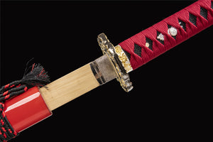 Zweifarbiges Katana, Schwarz und Rot, Holz-Katana, japanisches Samurai-Schwert, handgefertigtes Holzschwert, Bambusklinge