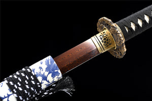 Cyanfarbenes Blumen-Katana, japanisches Samurai-Schwert, echtes handgefertigtes Katana, Hochleistungsmusterstahl