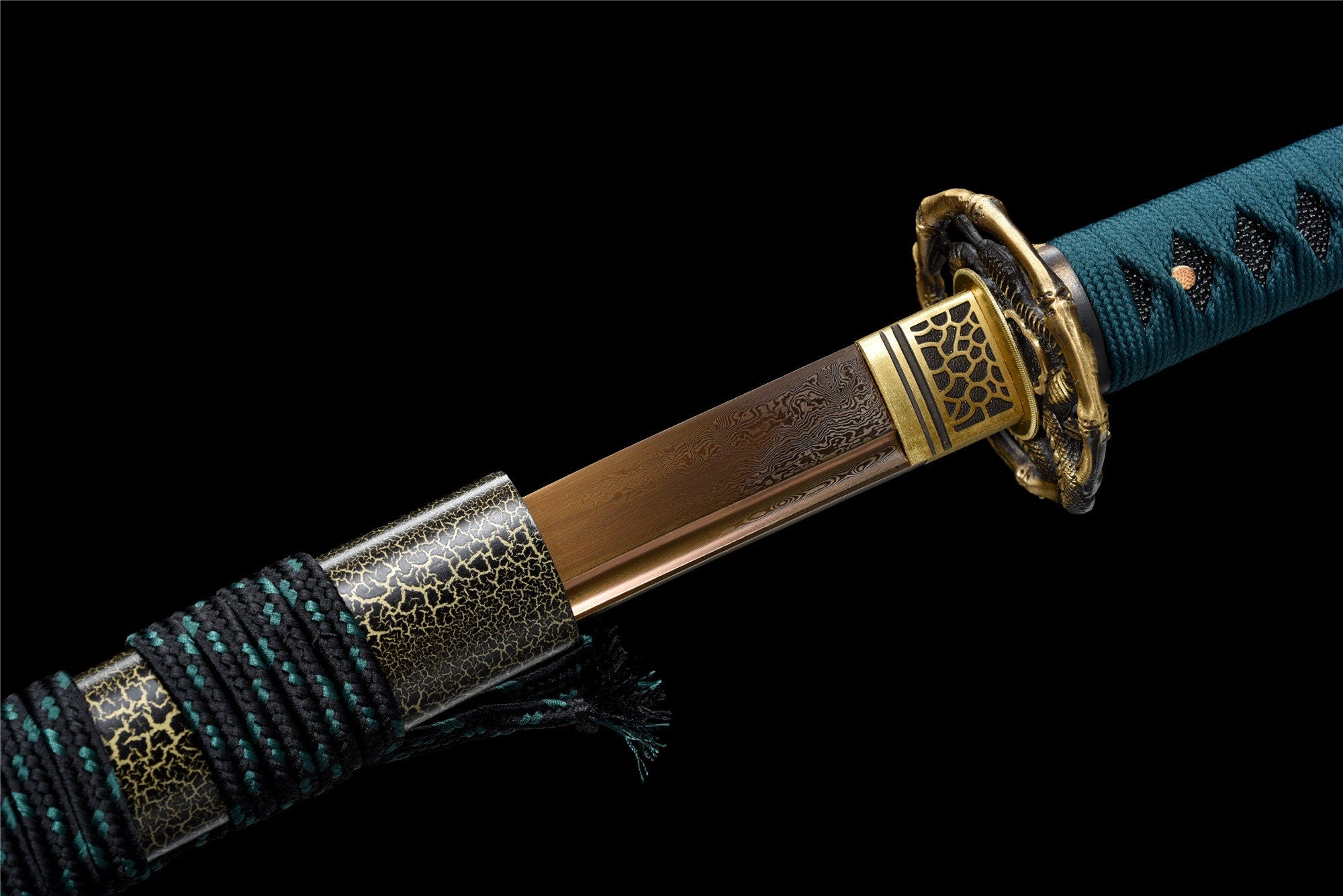 Goldenes Schlangen-Katana, japanisches Samurai-Schwert, echtes handgefertigtes Katana, Damaskus-Stahl, geröstete Goldklinge