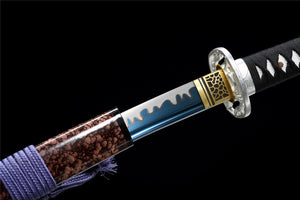 War Spirit Katana, japanisches Samurai-Schwert, echtes handgefertigtes Katana, Hochmanganstahl, blaue Klinge