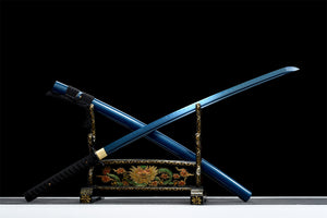 Blaues Killer-Katana, japanisches Samurai-Schwert, echtes Katana, handgefertigtes Schwert, Hochmanganstahl, Tonhärtung, geröstete blaue Klinge