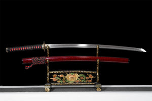 T10 Steel  Clay Tempered With Hamon Handmade Red Black Point Katana Sword Real Japanese Samurai Sword Full Tang